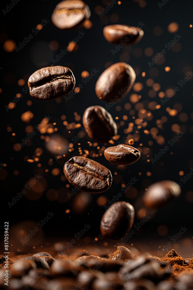 Levitating and falling coffee beans on black background. Levitating and falling coffee beans on black background.