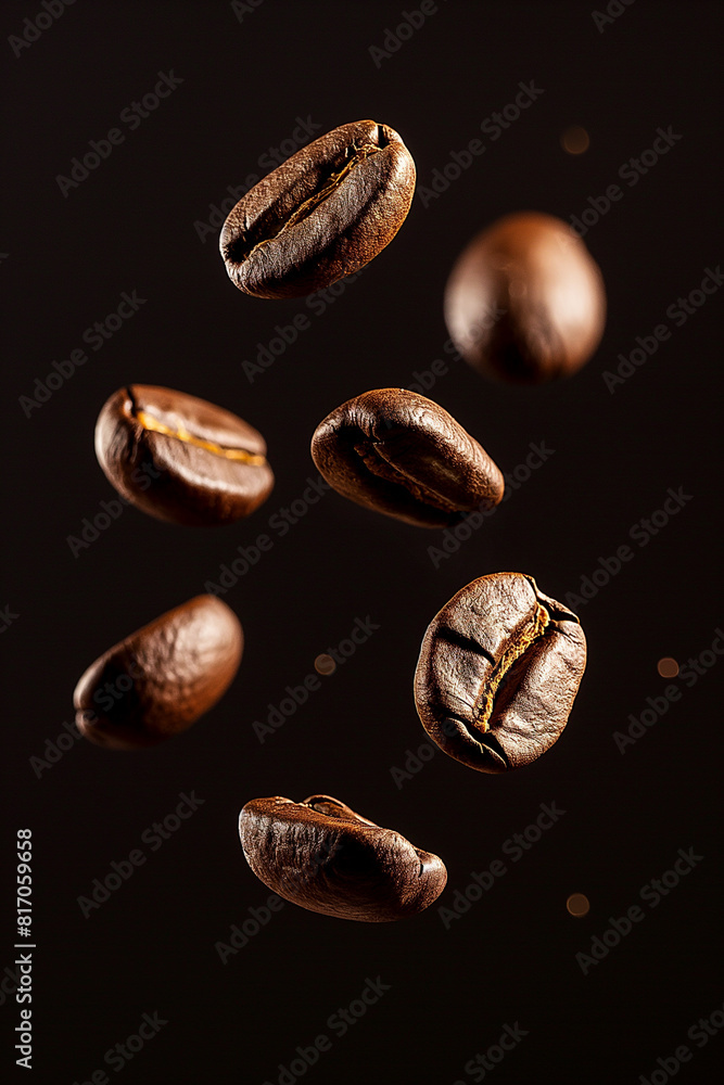 Levitating and falling coffee beans on black background. Levitating and falling coffee beans on black background.