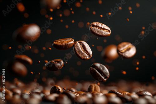 Levitating and falling coffee beans on black background.