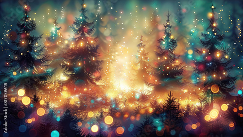 Magical Forest with Christmas Trees Decorated with Twinkling Lights, Festive Celebration Background photo