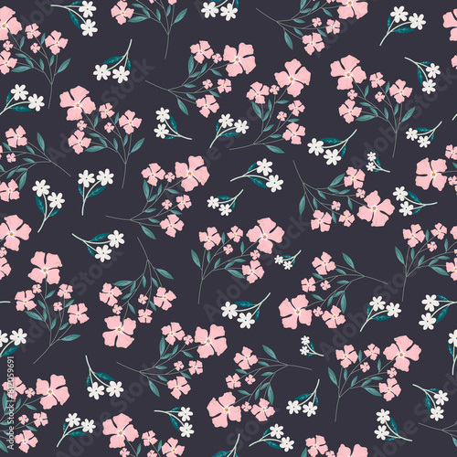 seamless pink flowers pattern. Delicate petals and vibrant blossoms create an artistic and vintage botanical illustration. Perfect for wallpaper, fabric, wrapping paper and more.