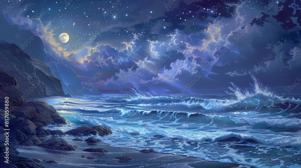 Moonlit waves crash on rocky cliffs star-studded sky timeless beauty background