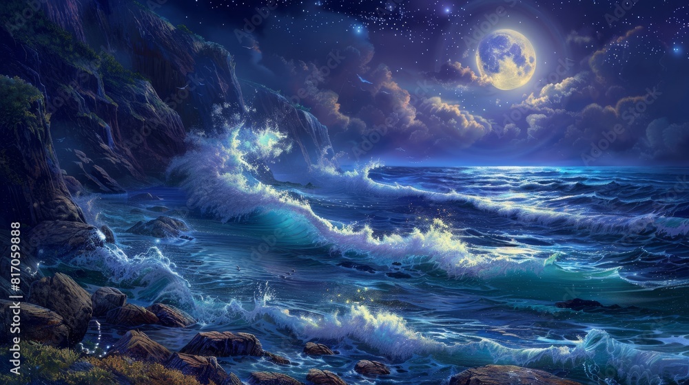 Naklejka premium Moonlit waves against rocky cliffs star-studded sky timeless allure background