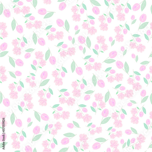 seamless pink flowers pattern. Delicate petals and vibrant blossoms create an artistic and vintage botanical illustration. Perfect for wallpaper, fabric, wrapping paper and more.