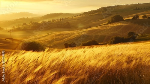 Golden wheat fields bathe in warm afternoon sun rustic charm background