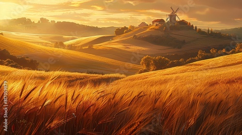 Golden wheat fields under warm sun rustic countryside charm background