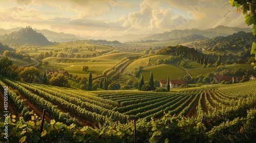 Lush vineyards in morning light picturesque hills rustic charm background