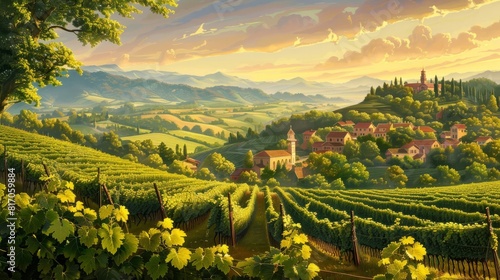 Vineyards bathed in morning sun picturesque hills rustic beauty background photo