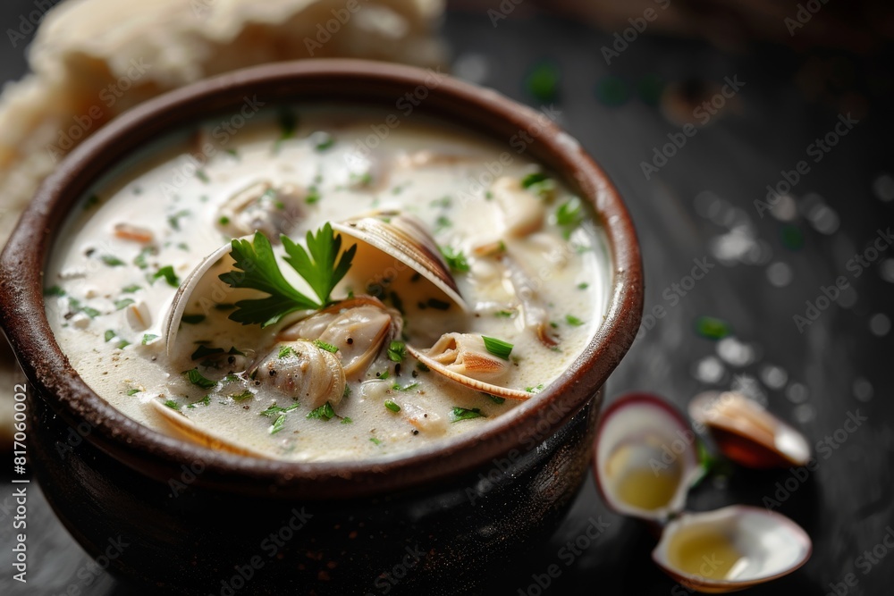 Flavorful bowl of seafood soup with clams and fresh herbs Flavorful bowl of seafood soup with clams and fresh herbs