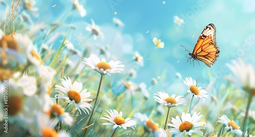 Beautiful spring meadow with daisies and butterfly on blue sky background banner