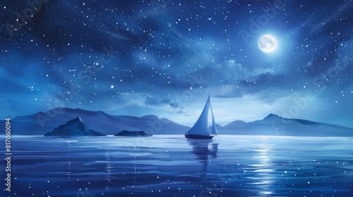 Calm seascape with lone sailboat under moonlight background photo