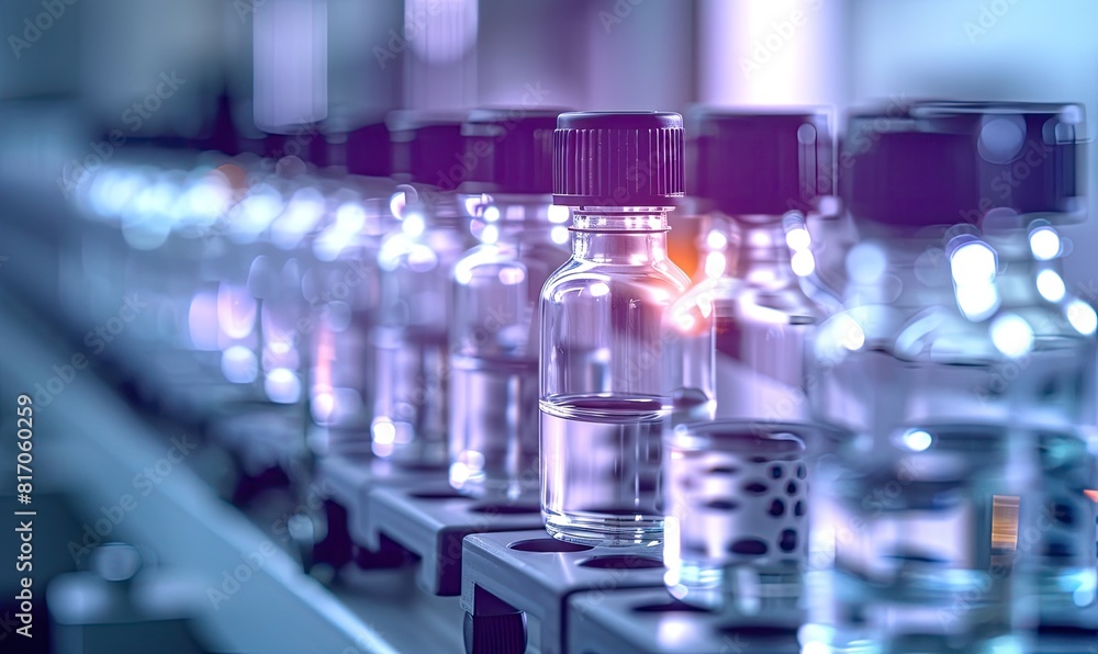 Line of Test Tubes on Conveyor Belt, Pharmaceutical Machine Glass Bottles Production Line Line of Test Tubes on Conveyor Belt, Pharmaceutical Machine Glass Bottles Production Line
