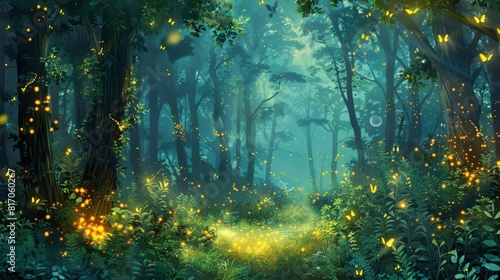 Forest scene with luminescent fireflies background