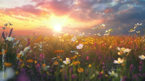 Dynamic field of wildflowers under sunset background