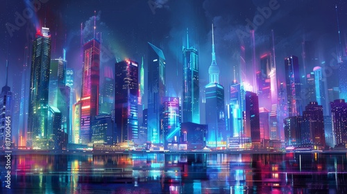 Vibrant cityscape with futuristic skyscrapers and harbor background
