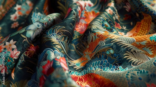 Detailed close up of a vibrant fabric featuring a ferocious dragon design, showcasing intricate patterns and vivid colors.