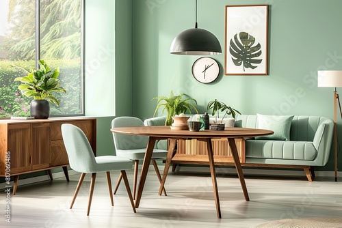 Cozy Living Room with Green Walls, Wooden Table, Office Chair, Sofa, and Cabinet, Scandinavian Mid-Century Modern Interior Design