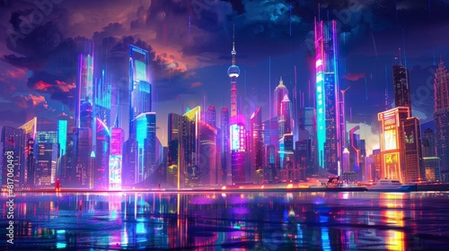 Dynamic cityscape with futuristic skyscrapers and harbor background