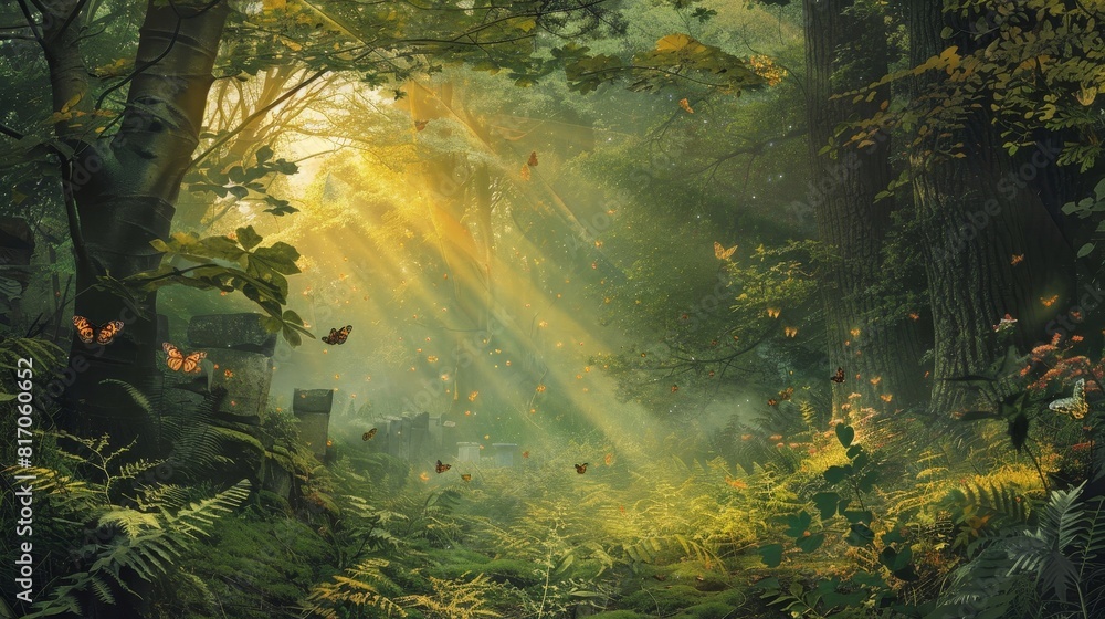 Mystical forest golden sunlight ancient ruins enchantment background