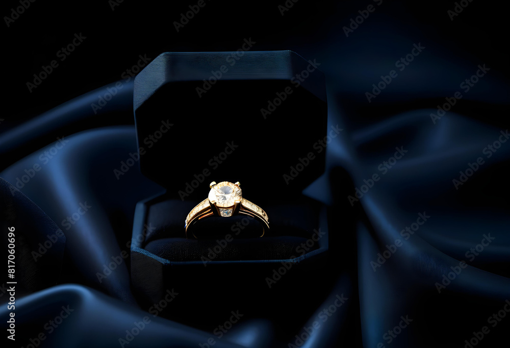 A close-up of a gold ring in a velvet jewelry box on a dark blue background