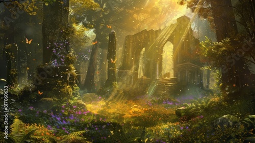 Forest glade golden sunlight ancient ruins enchantment background © javier