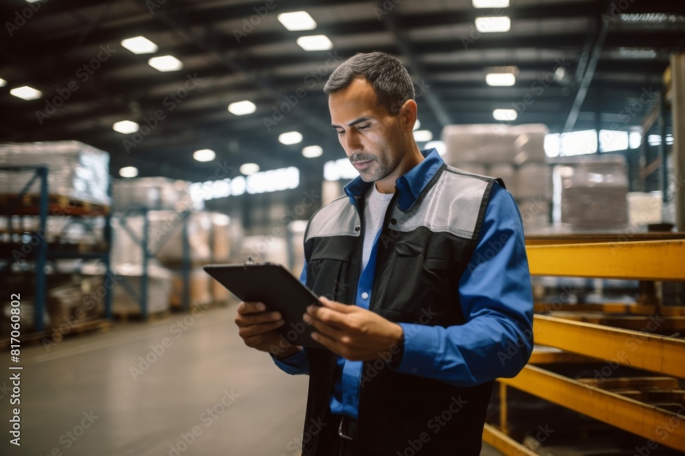 Male manager working on touchpad while being in a warehouse. Mid adult foreman reading a plan on digital tablet in aluminum mill Male manager working on touchpad while being in a warehouse. Mid adult foreman reading a plan on digital tablet in aluminum mill