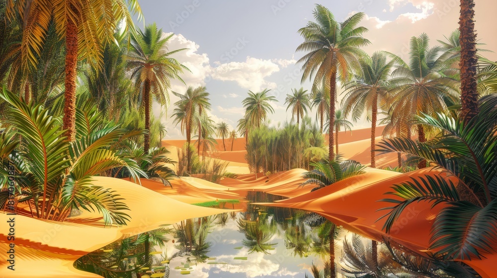 Fototapeta premium Desert oasis lush palm trees shimmering pools intense heat background