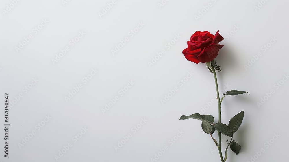 Fototapeta premium A single red rose stands out against a pure white backdrop