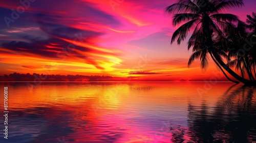 Abstract sunset vibrant streaks tranquil coastal scene background © javier
