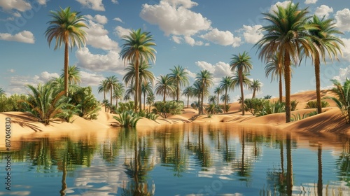 Surreal desert oasis lush palm trees shimmering pools background