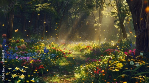 Dappled forest clearing with vibrant wildflowers and dancing fireflies background