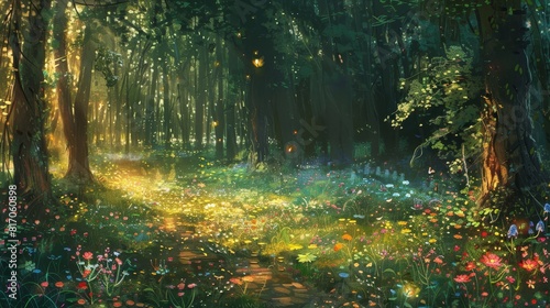 Sunlit forest clearing with vibrant wildflowers and dancing fireflies background