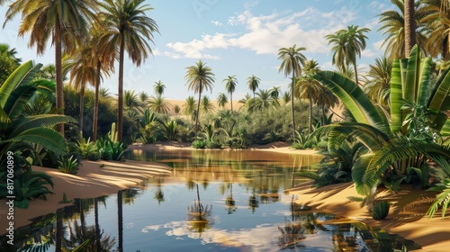 Surreal oasis lush palm trees shimmering pools intense heat background