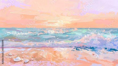 Beach scene at sunrise with gentle waves and seashells background