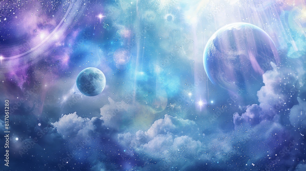 Celestial garden with planets moons and stars in clouds background Celestial garden with planets moons and stars in clouds background