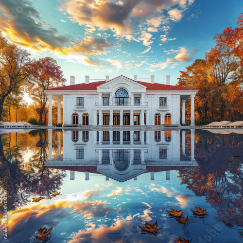 Beautiful architecture, a white building with a red roof and blue sky, reflecting in the water pool