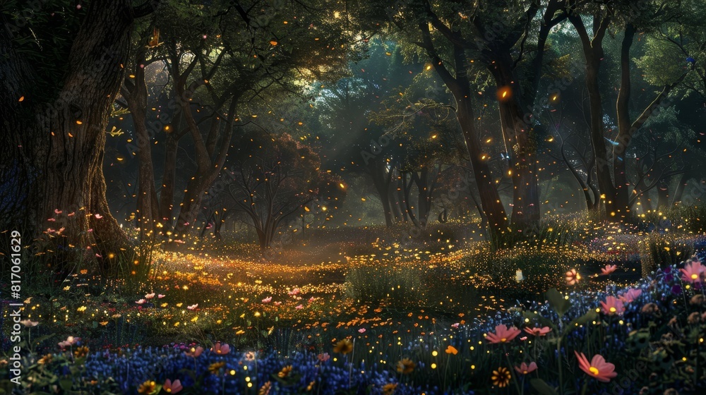 Firefly-lit forest clearing with wildflowers background