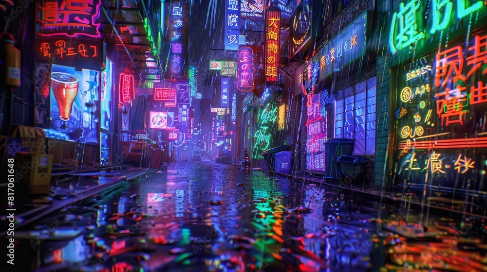 Fototapeta premium Abstract cyberpunk alleyway with neon signs and holographic ads background