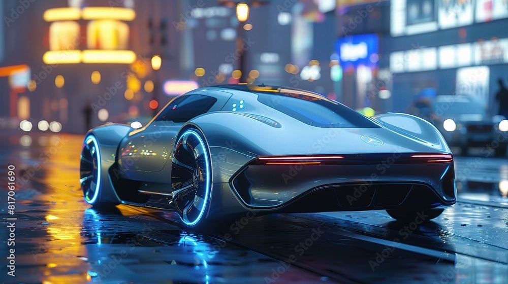 Experience the freedom of the road with self-driving cars, Red taillights blur on a dark city street, painting streaks of light across the evening cityscape