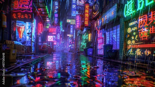 Abstract cyberpunk alleyway with neon signs and holographic ads background