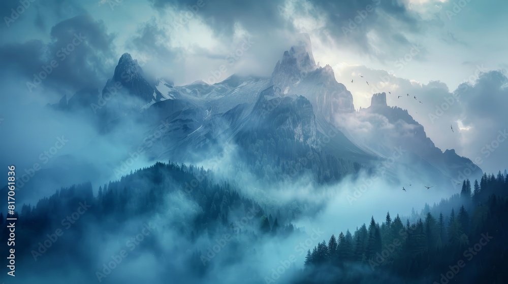 Surreal mountain range shrouded in mist with mystical creatures background Surreal mountain range shrouded in mist with mystical creatures background