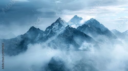 Mountain range shrouded in mist with mystical creatures background
