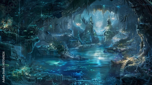 Ethereal underwater cavern with bioluminescent flora and fauna background