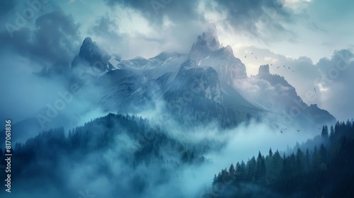 Surreal mountain range shrouded in mist with mystical creatures background