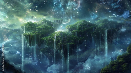 Celestial oasis verdant islands with cascading waterfalls stars   nebulae background