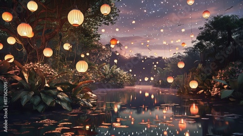 Garden of lanterns shimmering orbs lush botanical paradise background