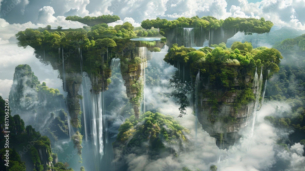 Enchanted garden with floating islands and cascading waterfalls background Enchanted garden with floating islands and cascading waterfalls background