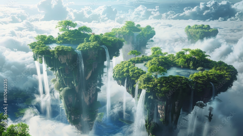 Vegetation suspended above cascading waterfalls on floating islands background