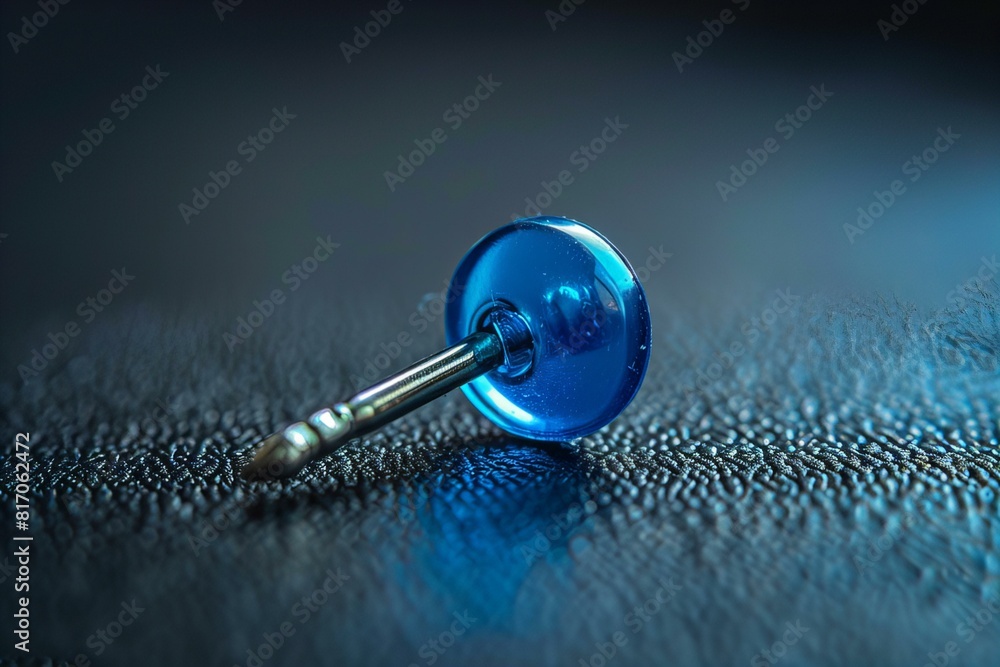 A blue button with a metal pin on it A blue button with a metal pin on it