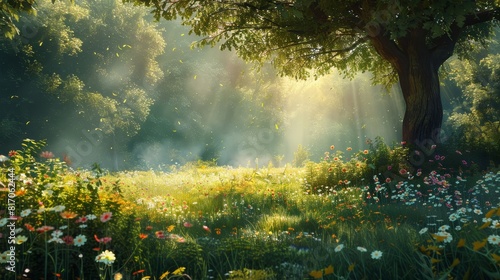 Sunbeams filter through leaves in enchanted forest glade background